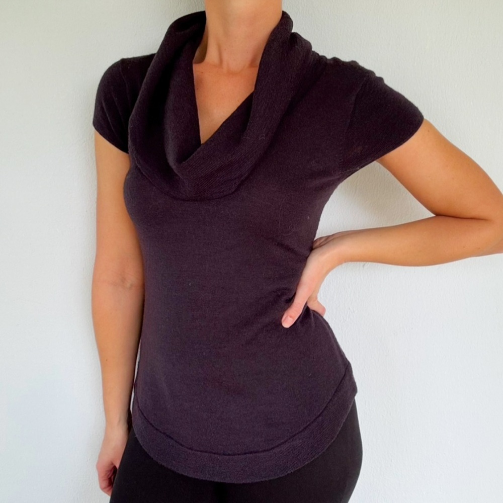 WORTH black wool short sleeve cowl neck sweater top size small